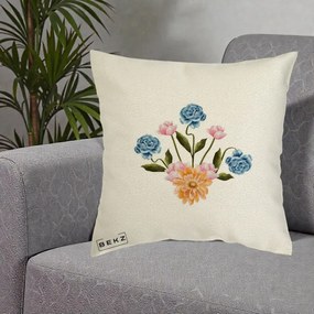 Perna Decorativa Buchet Primavara Acuarela, 40x40 cm, Ecru, Husa Detasabila, Perna Inclusa, BEKZ®