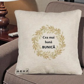 Cadou pentru Bunica - Perna Personalizata Cea Mai Buna Bunica Coronita Frunze Acuarela, 40x40 cm, Bej Canapea, Husa Detasabila, Perna Inclusa, BEKZ®