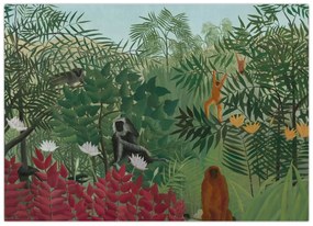 Tablou pe sticlă - Henri Rousseau, Tropical Forest with Monkeys, reproducere (70x50 cm)