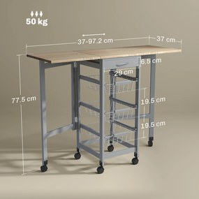 HOMCOM Cărucior de Bucătărie din Lemn și Metal cu 3 Coșuri, Sertar și Clapete, 37x37x77.5 cm, Gri | Aosom Romania