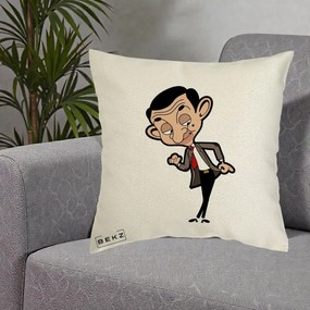 Perna Personalizata Mr. Bean Caricatura, 40x40 cm, Ecru, Husa Detasabila, Perna Inclusa, BEKZ®