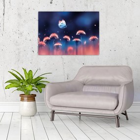 Tablou pe sticlă cu păpădii cu fluture albastru (70x50 cm)