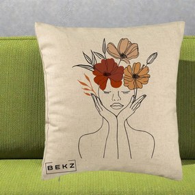 Perna Decorativa Portret Feminin Coroana Trei Flori, 40x40 cm, Bej, Husa Detasabila, Perna Inclusa, BEKZ®