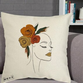 Perna Decorativa Portret Feminin Trandafiri Ruginii, 40x40 cm, Ecru, Husa Detasabila, Perna Inclusa, BEKZ®