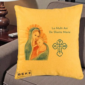 Cadou de Onomastica - Perna Personalizata Sfanta Marie Icoana Acuarela, 40x40 cm, Galben, Husa Detasabila, Perna Inclusa, BEKZ®