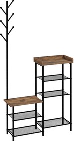 Cuier pentru Haine de Podea cu 6 Carlige HOMCOM, PAL si Otel cu Dulap de Pantofi cu Rafturi, 92.5x28.2x182cm, Maro | Aosom Romania