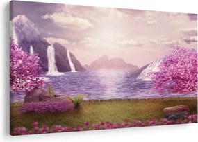 Tablou cu pomi roz cu lac (90x60 cm)