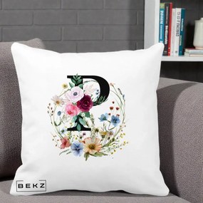 Cadou Personalizat - Perna Personalizata Monogram Litera P cu Flori Acuarela, 40x40 cm, Alba Mata, Husa Detasabila, Perna Inclusa, BEKZ®