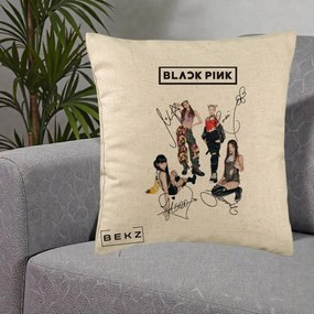 Perna Personalizata K-pop BLACKPINK Fotografie Grup Autografe Toate Membre, 40x40 cm, Bej, Husa Detasabila, Perna Inclusa, BEKZ®
