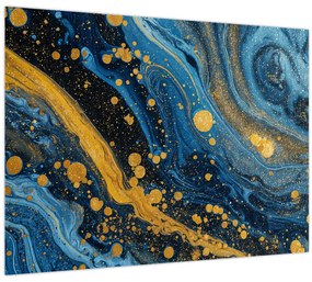 Tablou pe sticlă - Abstracție albastră cu aur (70x50 cm)