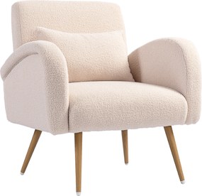 HOMCOM Fotoliu pentru Sufragerie Captusit, Fotoliu de Cameră în Material Teddy cu Pernă Lombardă, Fotoliu de Lectură cu Picioare cu Efect de Lemn din Metal pentru Sufragerie și Birou, 77x77x83 cm, Bej | Aosom Romania
