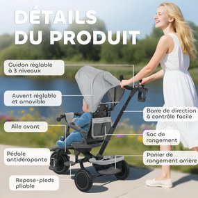 AIYAPLAY Triciclu bebeluș evolutiv 6 în 1, triciclu copil pliabil cu mânere pentru părinți reglabile, scaun pivotant 360°, gri | Aosom Romania
