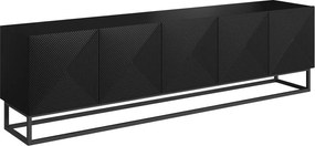 Comodă TV cu fronturi striate Asha 200 cm cu cadru metalic - negru mat