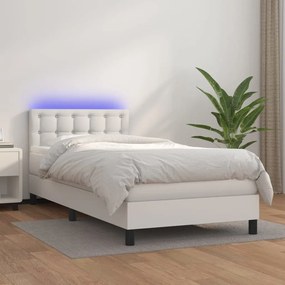 vidaXL Pat continental cu saltea &amp; LED, alb, 90x200 cm, piele eco