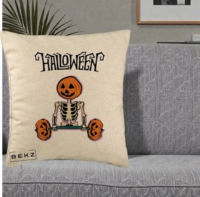 Perna Decorativa Halloween Schelet cu Cap de Dovleac Powerlifting, 40x40 cm, Bej, Husa Detasabila, Perna Inclusa, BEKZ®