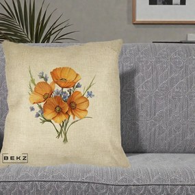 Perna Decorativa Maci Portocalii cu Floricele Albastre, 40x40 cm, Crem, Husa Detasabila, Perna Inclusa, BEKZ®