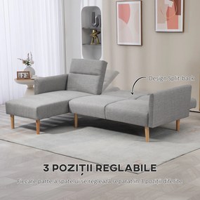 HOMCOM Canapea Extensibila cu 3 Locuri, Canapea pe Colt din Tesatura Gri cu Spatar Reglabil, Stil Scandinav, 207x146x80cm | Aosom Romania