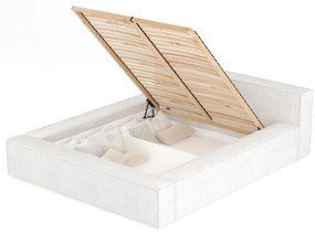 Pat matrimonial crem tapițat cu spațiu de depozitare cu somieră 180x200 cm Voliera – Maison de Rêve