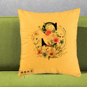 Cadou Personalizat - Perna Personalizata Monogram Litera S cu Flori Acuarela, 40x40 cm, Galben, Husa Detasabila, Perna Inclusa, BEKZ®