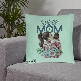 Cadou pentru Mama - Perna Personalizata Super Mom Mama cu Bebelusul, 40x40 cm, Verde Menta, Husa Detasabila, Perna Inclusa, BEKZ®