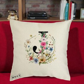 Cadou Personalizat - Perna Personalizata Monogram Litera J cu Flori Acuarela, 40x40 cm, Ecru, Husa Detasabila, Perna Inclusa, BEKZ®