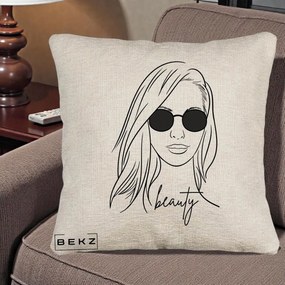 Perna Decorativa Beauty Girl Line Art, 40x40 cm, Bej Canapea, Husa Detasabila, Perna Inclusa, BEKZ®