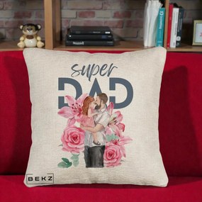 Cadou pentru Tata - Perna Personalizata Super Dad Tata cu Fetita si Flori, 40x40 cm, Bej Canapea, Husa Detasabila, Perna Inclusa, BEKZ®