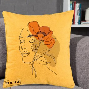 Perna Decorativa Portret Feminin Mac Mare Portocaliu, 40x40 cm, Galben, Husa Detasabila, Perna Inclusa, BEKZ®