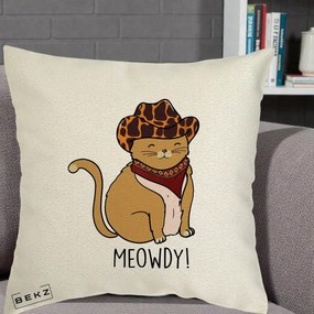 Perna Decorativa Pisica Cowboy Meowdy, 40x40 cm, Ecru, Husa Detasabila, Perna Inclusa, BEKZ®