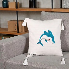Perna Decorativa Rechin Albastru Cartoon, 40x40 cm, Bej cu Franjuri, Husa Detasabila, Perna Inclusa, BEKZ®