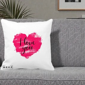 Cadou Romantic - Perna Personalizata I Love You Inima Roz, 40x40 cm, Alba Mata, Husa Detasabila, Perna Inclusa, BEKZ®