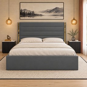 Pat tapițat din catifea Veyra 140×200 cm, gri închis, detalii aurii, cu ladă de depozitare