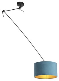 Lampă suspendată neagră cu abajur din catifea albastră cu auriu 35 cm - Blitz