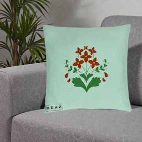 Perna Decorativa Buchet Floral Folk Rosu-Verde, 40x40 cm, Verde Menta, Husa Detasabila, Perna Inclusa, BEKZ®