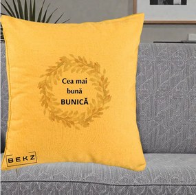 Cadou pentru Bunica - Perna Personalizata Cea Mai Buna Bunica Coronita Frunze Acuarela, 40x40 cm, Galben, Husa Detasabila, Perna Inclusa, BEKZ®