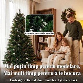 HOMCOM Brad artificial de Crăciun 180 cm, bogat și realist, 716 ramuri ignifuge, 63 bobițe albe, 63 bobițe mari | Aosom Romania