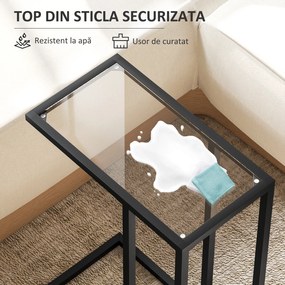 HOMCOM Măsuță de Cafea în Formă de C din Sticlă și Oțel, 46x25x63.5 cm, Negru | Aosom Romania