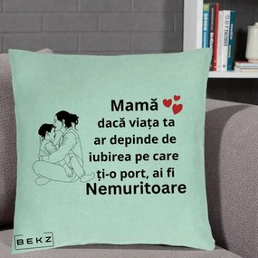 Cadou pentru Mama - Perna Personalizata Mama Nemuritoare Kawaii, 40x40 cm, Verde Menta, Husa Detasabila, Perna Inclusa, BEKZ®