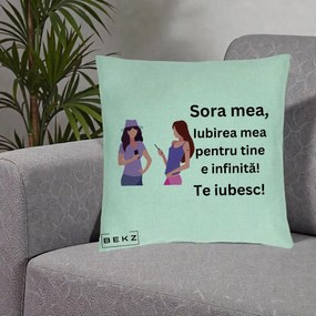 Cadou pentru Sora - Perna Personalizata Sora Mea Te Iubesc Doua Fete cu Telefoane, 40x40 cm, Verde Menta, Husa Detasabila, Perna Inclusa, BEKZ®