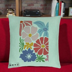 Perna Decorativa Flori Grafice Roz-Rosu-Albastru, 40x40 cm, Verde Menta, Husa Detasabila, Perna Inclusa, BEKZ®