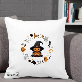 Perna Decorativa Halloween Dovleac Vrajitor Boo cu Simboluri, 40x40 cm, Alba Mata, Husa Detasabila, Perna Inclusa, BEKZ®