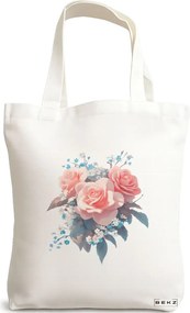 Sacosa de Panza pentru Cumparaturi, Geanta Tote, model Flowers 17 38 x 34.5 cm, Alba, BEKZ®