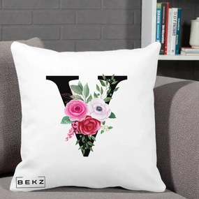 Cadou Personalizat - Perna Personalizata Monograma Florala Litera V cu Buchet, 40x40 cm, Alba Mata, Husa Detasabila, Perna Inclusa, BEKZ®