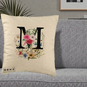 Cadou Personalizat - Perna Personalizata Monogram Litera M cu Flori Acuarela, 40x40 cm, Bej, Husa Detasabila, Perna Inclusa, BEKZ®
