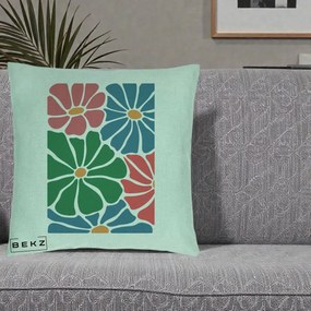 Perna Decorativa Flori Grafice Verde-Roz-Albastru, 40x40 cm, Verde Menta, Husa Detasabila, Perna Inclusa, BEKZ®
