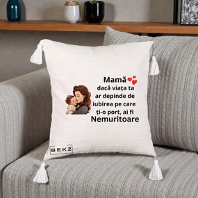 Cadou pentru Mama - Perna Personalizata Mama Nemuritoare cu Bebelus, 40x40 cm, Bej cu Franjuri, Husa Detasabila, Perna Inclusa, BEKZ®