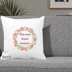 Cadou pentru Bunica - Perna Personalizata Cea Mai Buna Bunica Coronita Trandafiri Roz Clasic, 40x40 cm, Alba Mata, Husa Detasabila, Perna Inclusa, BEKZ®