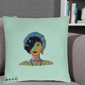 Perna Decorativa Portret Femeie Etnic Colorat, 40x40 cm, Verde Menta, Husa Detasabila, Perna Inclusa, BEKZ®