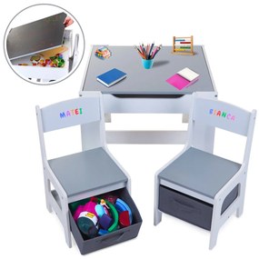 Set Masuta cu scaune pentru copii din Lemn Mdf 3 in 1, Tabla De Scris, Desenat, Colorat, Depozitare, Varsta 3-6 Ani, Alb cu Gri