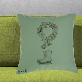 Perna Decorativa Patine cu Coroana Florala de Craciun, 40x40 cm, Verde, Husa Detasabila, Perna Inclusa, BEKZ®